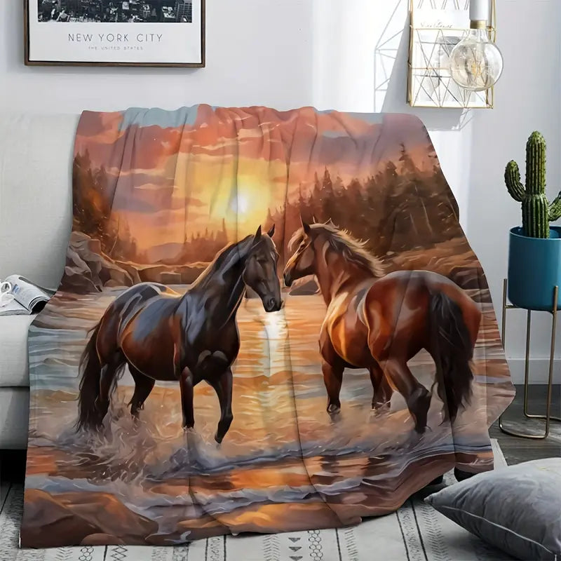 Modern Soft Touch Flannel Throw Blanket - Horse Print, Hypoallergenic Polyester, Warm Flannel Blankets for Sofa, Bed, Cozy Rest, Ideal Home Bedding Gift