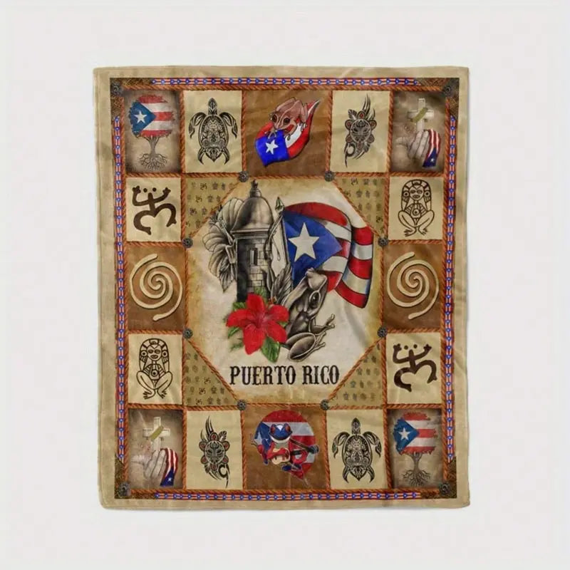 Puerto Rico themed flannel blanket - Vibrant cultural prints with flags, symbols and Puerto Rican text - Soft and warm travel digital print, suitable for all seasons