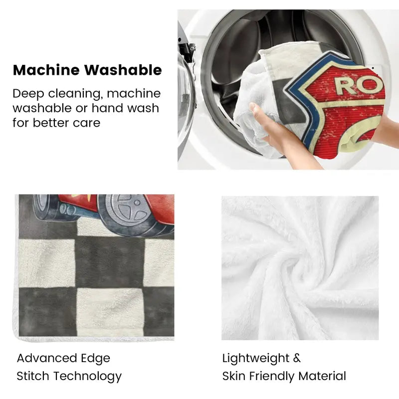 Disney Pixar Cars Route 66 Checkered Flag Lightning McQueen Mater & Sheriff Christmas Present & Holiday Gift Fleece Throw Blanket