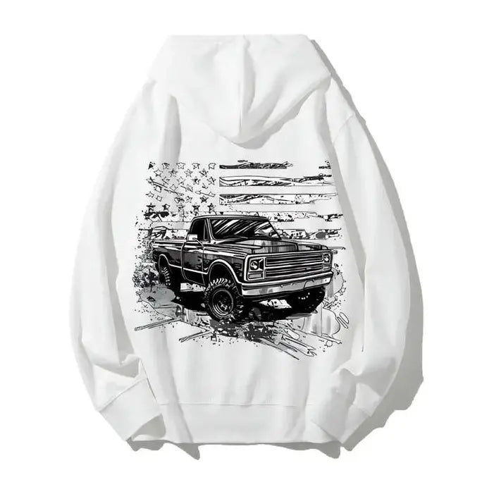 American Flag Chevy Truck Hoodie – Vintage Square Body Pullover, Classic Pickup with USA Flag Graphic, Patriotic Car Guy Sweatshirt, Unisex Gear