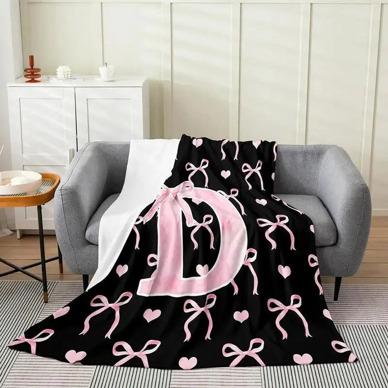 Classic Soft Flannel Throw Blanket - A-Z Initial Alphabet Print, 30x40 to 60x80 in, Black Blush Pink Design, Custom Monogrammed, Soft Texture, Durable All-Season Bedding for Bedroom, Gifts for Women, GF Gift