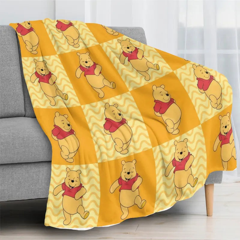 Disney Winnie the Pooh Cartoon Character Print Fluffy Soft Blanket - Flannel Fabric Cotton Blend, Bedroom Sofa Blanket, Multi-Purpose for Bed/Couch, Vintage Checkered Waves Anti-Fade Fleece Throw