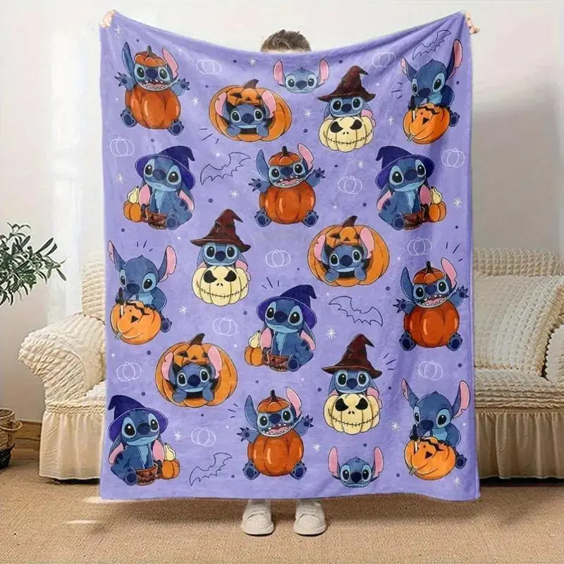 Disney Stitch Halloween Spooky Pumpkin Throw Blanket - Cute Purple Fleece Bedding for Christmas Gift, Indoor/Outdoor Camping Decor