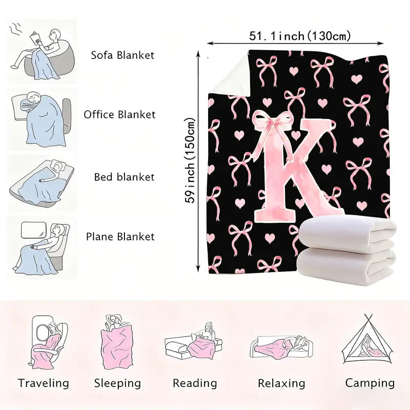Classic Soft Flannel Throw Blanket - A-Z Initial Alphabet Print, 30x40 to 60x80 in, Black Blush Pink Design, Custom Monogrammed, Soft Texture, Durable All-Season Bedding for Bedroom, Gifts for Women, GF Gift