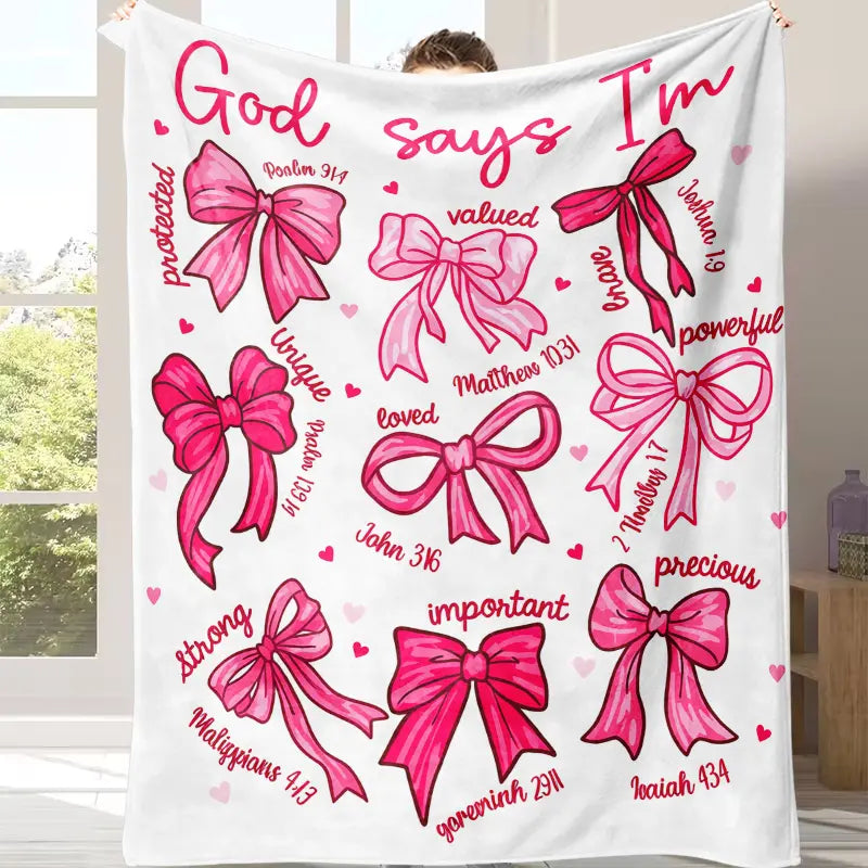 Bowknot Design Religious Fleece Blanket - Bible Verse Print "God Says I Am", All Seasons, Blush Pink Bow, Etiquette Style, Versatile Use Christian Gift for Girls, Home Sofa Bedroom Decor