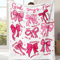 Bowknot Design Religious Fleece Blanket - Bible Verse Print "God Says I Am", All Seasons, Blush Pink Bow, Etiquette Style, Versatile Use Christian Gift for Girls, Home Sofa Bedroom Decor