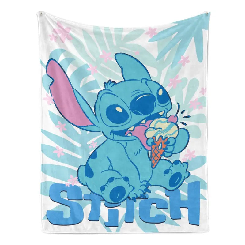 Disney Classic 2026 Ultra-Soft Flannel Fleece Blanket - Tropical Floral Accents, Playful Character Print of Blue Stitch with Ice Cream Cone, Multi-Size Bedding for Bed-Couch, Holiday Gift