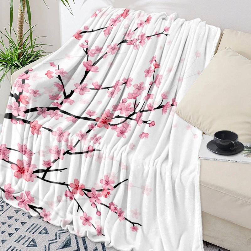 Cherry Blossom Pink Flower Flannel Throw Blanket Soft Cozy Blanket for Sofa Couch Bed Bedroom Decor Christmas Gift