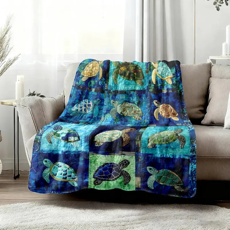 Sea Turtle Throw Blanket, Ocean Mosaic Patchwork Soft Cover, Baby Blankets and Adult Blankets, Cozy Warm Nautical Gift for Her Him, Coastal Home Decor for Couch Sofa Bed, Summer AC Nap Blanket, Perfect Birthday Holiday Christmas Gift for Ocean & Beach