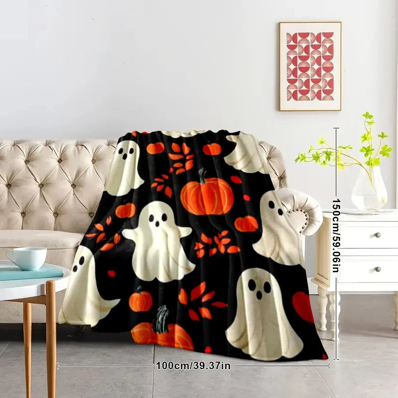 Halloween Pumpkin Skull Flannel Blanket, Digital Print Throw Cover, Air Conditioning Blanket, Nap Blanket, Ghost Face Blanket, Car/camping Multi-Functional Cozy Warm Blanket, Printed Blankets, Blanket Gifts