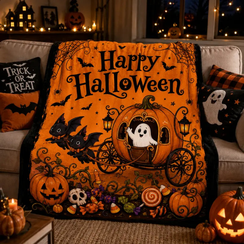 Halloween Print Flannel Decorative Throw Blanket - 60''x80'' Large 100% Polyester, Cute Pumpkin Carriage & Bat Design, Spooky Home Decor Blanket for Kids Gift, Soft Bedding for Bed Couch, Throw Blankets For Bed, Soft Bedding Throw