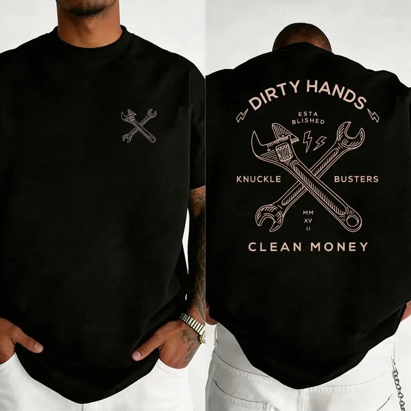 "Dirty Hands, Clean Money" wrench graphic t-shirt, workwear-style graphic print t-shirt, comfortable fabric short-sleeved top.....