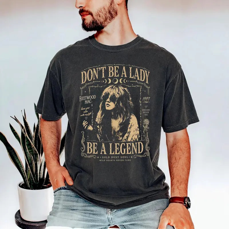Women's Cotton Knit Crew Neck Graphic Print Boho Witchy Rock Band Biker Tee - Vintage 'Be A Legend' Heart Design, Casual Top for New Year, Party, Evening Wear, All Seasons