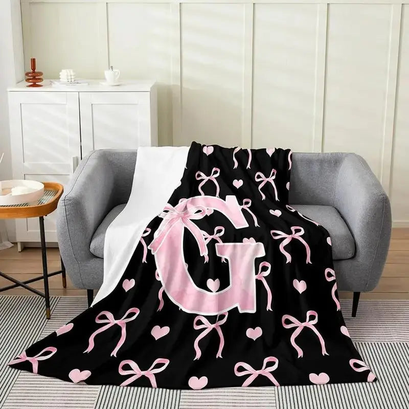 Classic Soft Flannel Throw Blanket - A-Z Initial Alphabet Print, 30x40 to 60x80 in, Black Blush Pink Design, Custom Monogrammed, Soft Texture, Durable All-Season Bedding for Bedroom, Gifts for Women, GF Gift