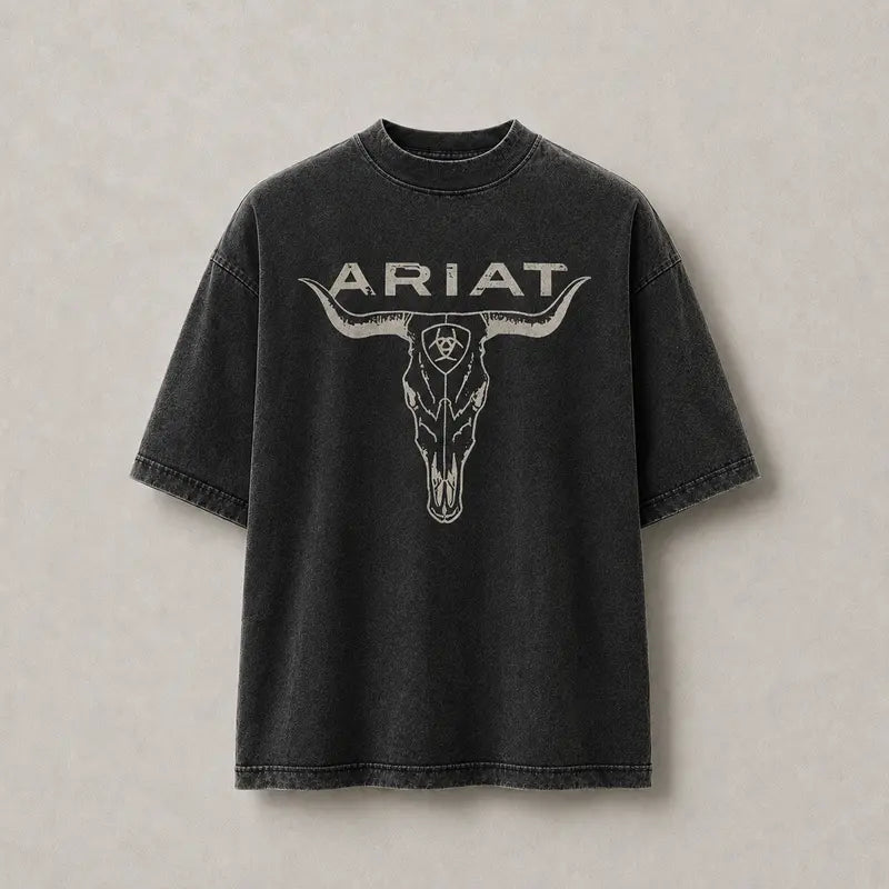 Ariat Western Bull Skull Washed T-Shirt, Vintage Unisex Oversized 100% Cotton Graphic Tee, Cowboy Rodeo Ranch Shirt
