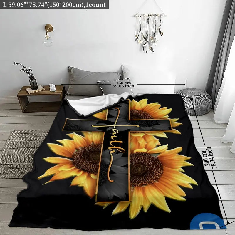 Sunflower Cross Throw Blanket, Faith Flannel Blanket for Couch Sofa Bed, Christian Home Decor, Cozy Gift for Family