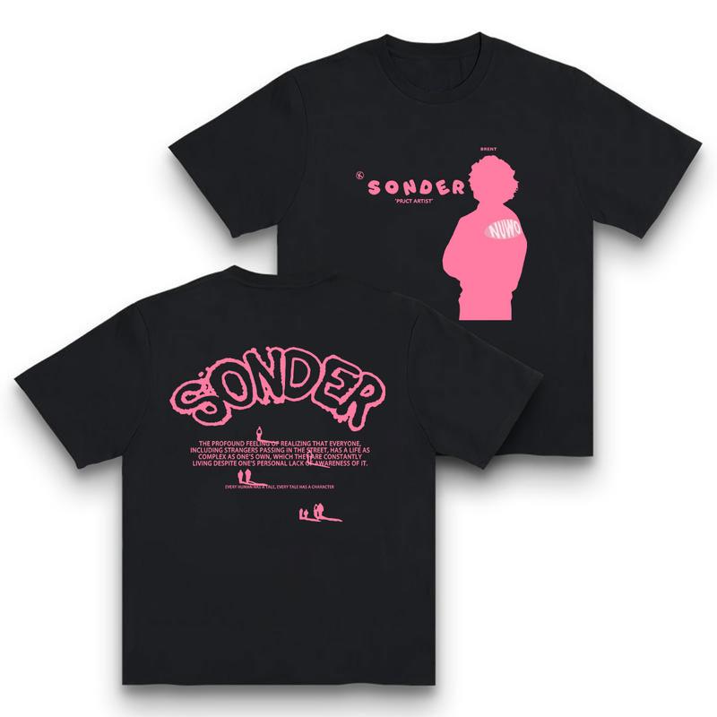 Bold Pink "Sonder" Lettering & Geometric Print Rap Shirt Casual Crewneck Streetwear Made In USA For Women For Men [180G/230G 100% cotton short-sleeve/hoodie, soft and comfortable],tshirt,music