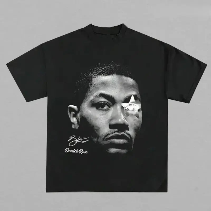 Men's Customized Derrick Rose Graphic Tee - Black Y2K Streetwear, Casual Menswear Short Sleeve Shirt, Regular Fit Textured Knit Top, Machine Washable
