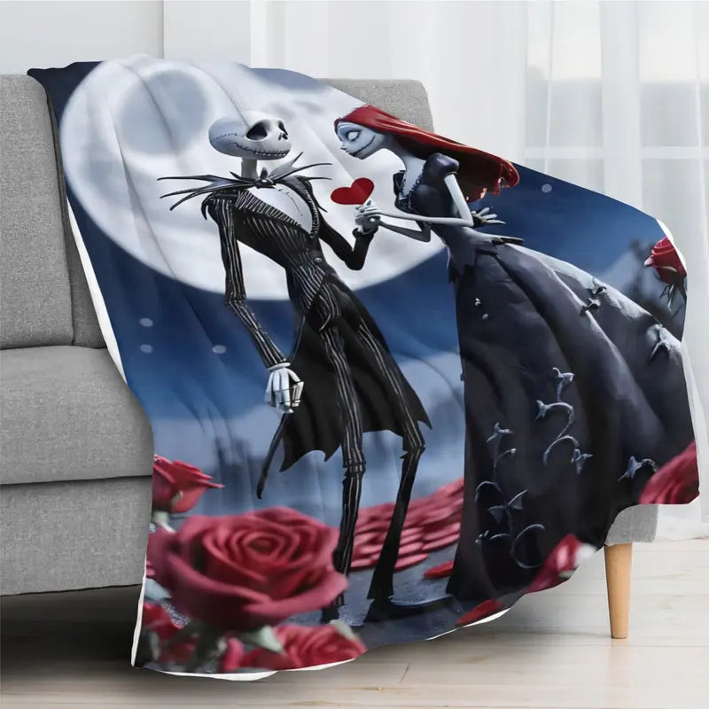 Disney Classic 2026 Nightmare Before Christmas Jack and Sally Anti-Fade Cartoon Print Fleece Blanket - Soft Red Roses Bedroom Decorative Throw for Bed-Couch, Blanket Gifts, Bedroom Blanket