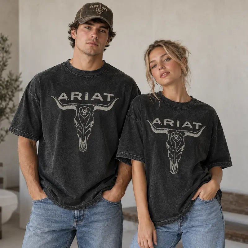Ariat Western Bull Skull Washed T-Shirt, Vintage Unisex Oversized 100% Cotton Graphic Tee, Cowboy Rodeo Ranch Shirt