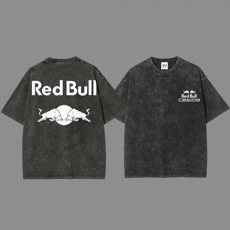 Men's Washed Short-Sleeve Graphic T-Shirt - Unisex Vintage Preppy Print Cotton Clothes, Black White Racing Bull Head Starboy Geometric Designs, Minimalist Double-Sided Round Neck Casual Streetwear, Cool Gifts for Guys, Cold Machine Wash-Dry Clean, Vintage
