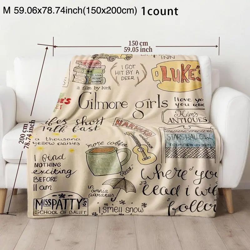 Gilmore Girls Hand-Drawn Flannel Printed Blanket - Soft Fluffy Bedding Throw, Iconic TV Show Art, Slogan Quotes Background, Cozy Style, Bookish Aesthetic, Fan Gift Ready, Warm for Christmas Evenings