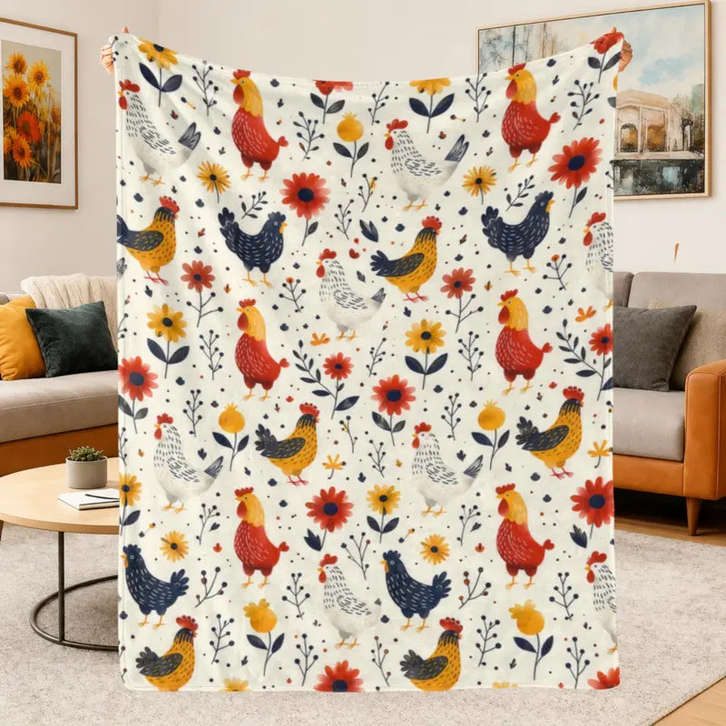 Soft Comfortable Funny Floral Chicken Flannel Throw Blanket,Farmhouse Hen Rooster Print Cozy Lightweight Blanket Rustic Country Farm Animal Couch Bed Sofa Decor,Christmas Holiday Gift for Chicken Lovers Women Girls