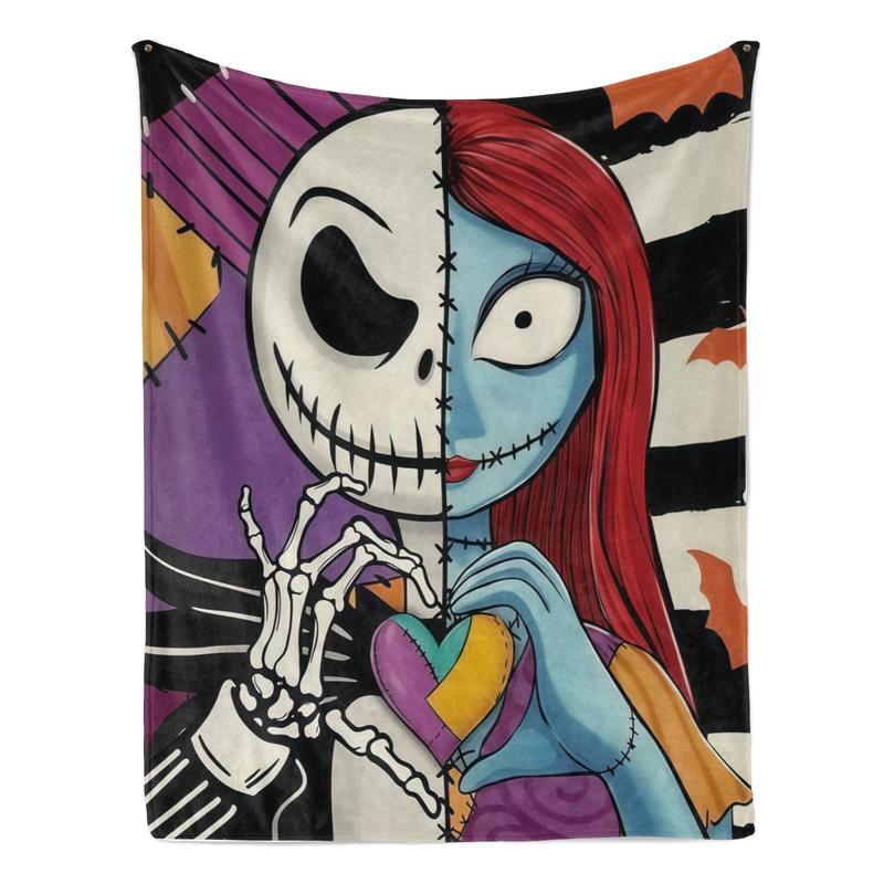 Disney Jack Skellington and Sally Spooky Print Halloween Fleece Blanket - Soft Gothic Graphic Throw for Bed, Couch, Camping Gift
