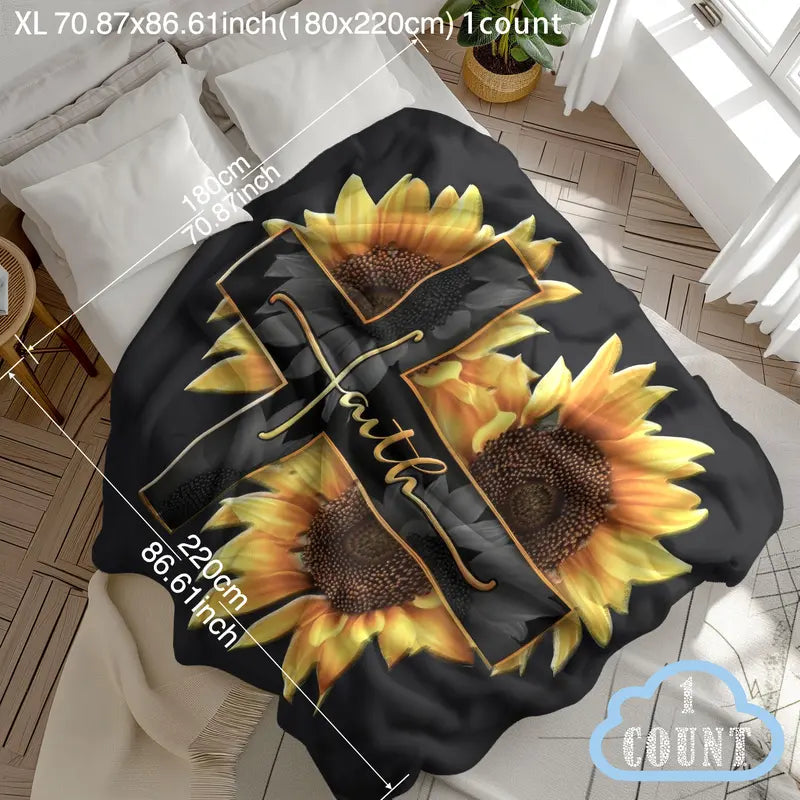 Sunflower Cross Throw Blanket, Faith Flannel Blanket for Couch Sofa Bed, Christian Home Decor, Cozy Gift for Family