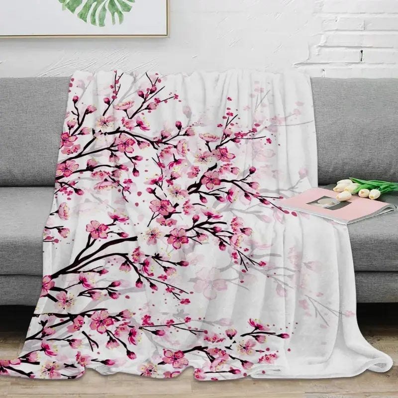 Cherry Blossom Pink Flower Flannel Throw Blanket Soft Cozy Blanket for Sofa Couch Bed Bedroom Decor Christmas Gift