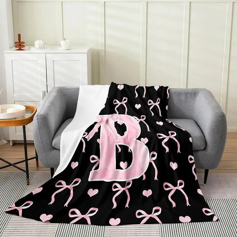Classic Soft Flannel Throw Blanket - A-Z Initial Alphabet Print, 30x40 to 60x80 in, Black Blush Pink Design, Custom Monogrammed, Soft Texture, Durable All-Season Bedding for Bedroom, Gifts for Women, GF Gift