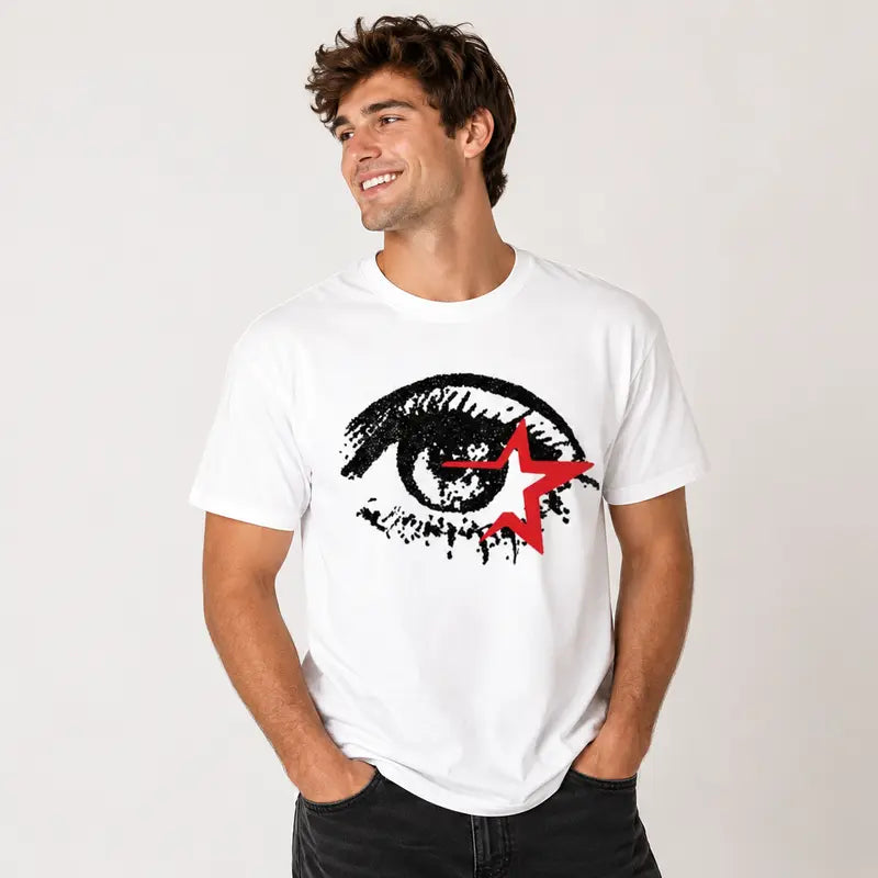 Unisex Vintage Big Eye Graphic T-Shirt - Gothic Grunge Y2k Emo Scene Amity Affliction Style, Soft Cotton, Full Print, Casual Fitted Cut, Short-Sleeve Round Neck Streetwear Top, Customizable Menswear