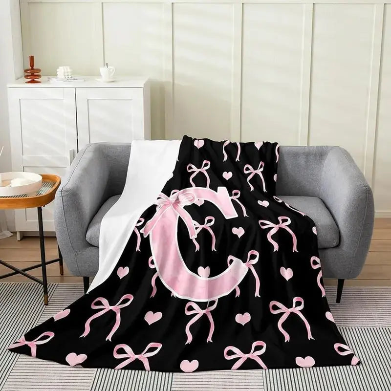 Classic Soft Flannel Throw Blanket - A-Z Initial Alphabet Print, 30x40 to 60x80 in, Black Blush Pink Design, Custom Monogrammed, Soft Texture, Durable All-Season Bedding for Bedroom, Gifts for Women, GF Gift