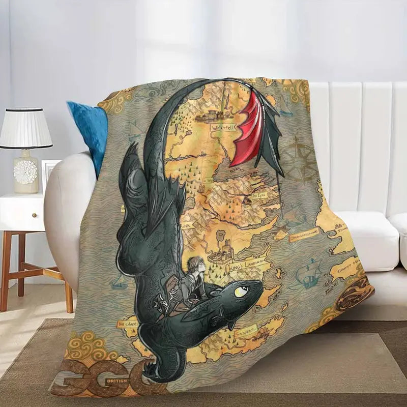 Fantasy Dragon Rider Flannel Throw Blanket - 6 Size Options, 60x80 in Covers XL Beds, Anti-Pilling Flannel Fabric, HD Vintage Map Print, Fade-Safe Dye, Soft Warm Lightweight, Indoor/Outdoor Home Decor, Bedroom Use or Travel Gift