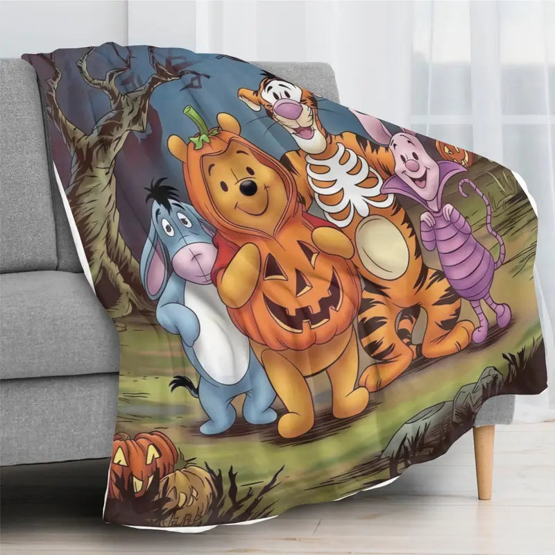 Disney Winnie the Pooh Halloween Pumpkin Fleece Throw Blanket - Spooky Tigger, Piglet, Eeyore Design - Cozy Indoor/Outdoor Bedding for Kids - Ideal for Office, Camping