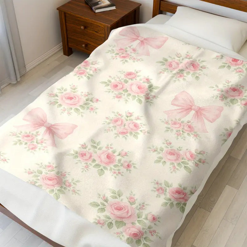 1pc 280GSM Large Flannel Throw Blanket - Pink Rose, Pink Bow, Green Leaf Art Print, Adorable Afghan Style Fluffy Blanket - Warm Bedding, Sofa Textile Throw, Throw Blankets, Fluffy Blankets