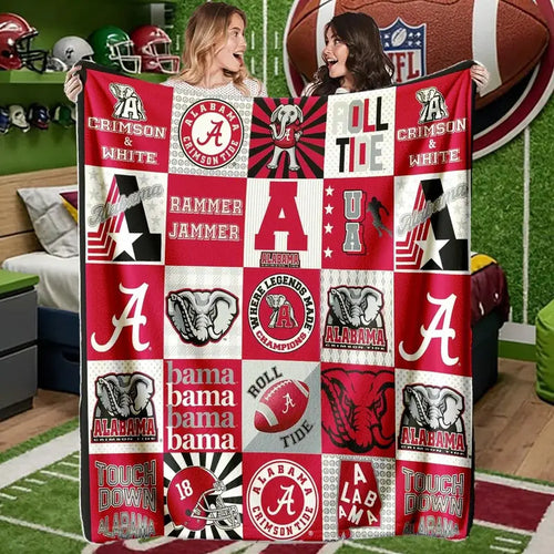 Alabama Crimson Tide Patchwork College Logo Blanket - High-Weight Flannel Fabric, Soft & Warm, No-Crease, Machine Washable Bedding, Blanket Gift, Ideal for Football Fans, No-Crease Blankets