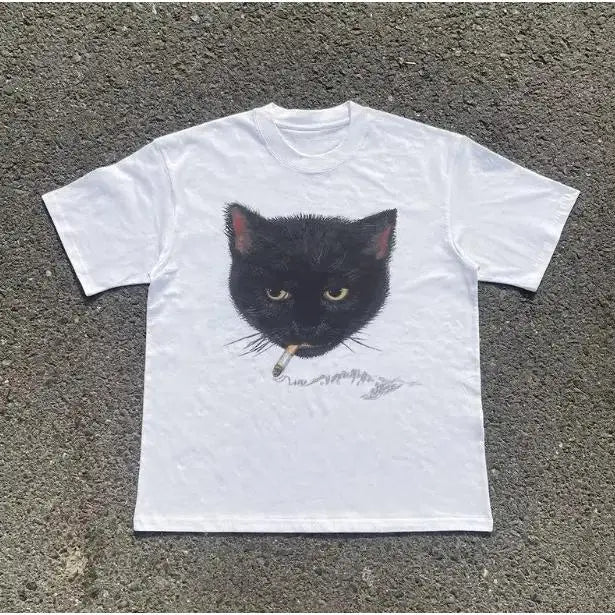 Men's Customized Round Neck Short-Sleeve Cotton Casual Smocking Cat Print T-Shirt - Vintage Gothic Grunge 2000s Emo Scene Amity Affliction Style Streetwear Top