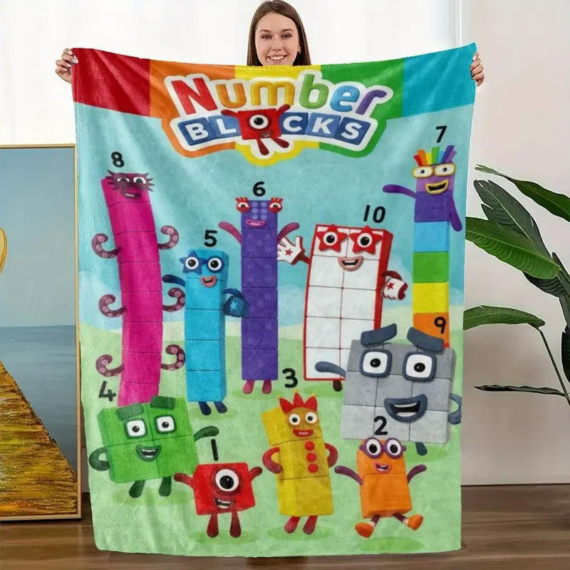Colorful Cartoon Number Blocks Flannel Throw Blanket - Soft, Cozy, and Playful Design with Numbered Characters, Perfect for Home Decor and Casual Use, Allseason Comfort | Vibrant Throw