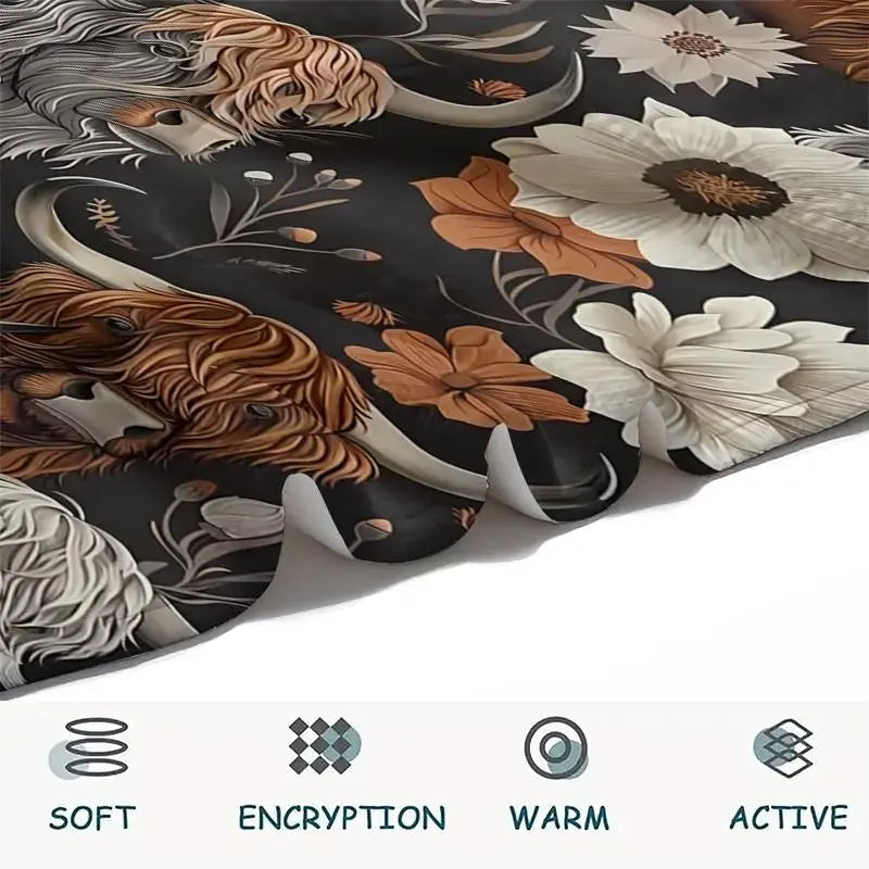 Floral & Cattle Print Throw Blanket, Cow Print Blanket, Soft Warm Napping Blanket, Air-conditioned Room Blanket, Bedroom Accessories, Home Office Travel Blanket