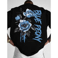 Menswear Cotton Customized Round Neck Graphic T-Shirt - American Streetwear Casual Top, Blue Peony Print, All Seasons, Regular Fit, Machine Washable, Do Not Bleach
