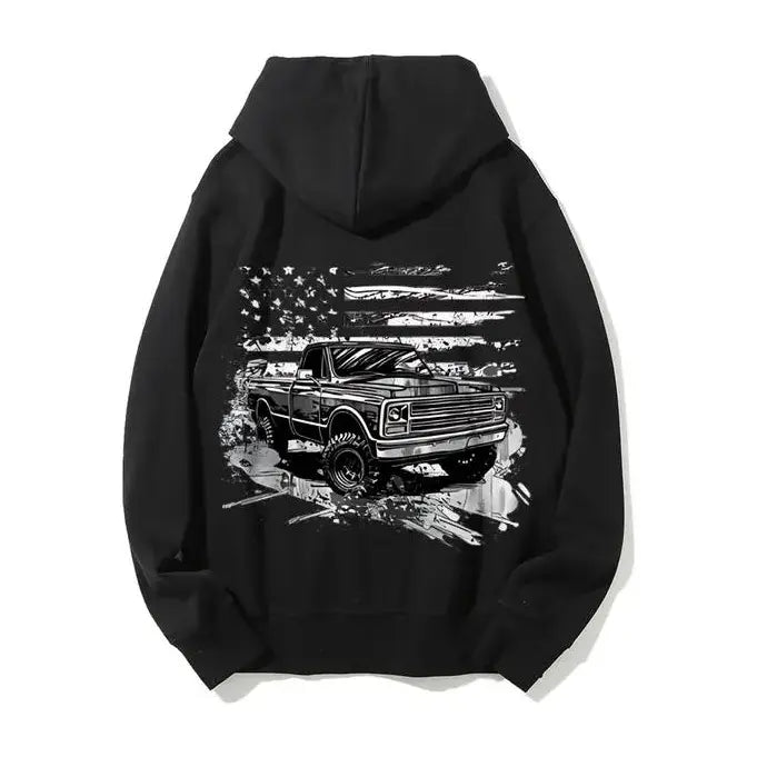 American Flag Chevy Truck Hoodie – Vintage Square Body Pullover, Classic Pickup with USA Flag Graphic, Patriotic Car Guy Sweatshirt, Unisex Gear