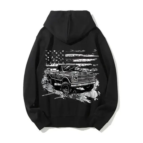 American Flag Chevy Truck Hoodie – Vintage Square Body Pullover, Classic Pickup with USA Flag Graphic, Patriotic Car Guy Sweatshirt, Unisex Gear