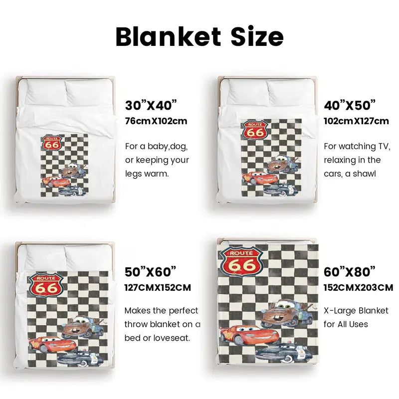 Disney Pixar Cars Route 66 Checkered Flag Lightning McQueen Mater & Sheriff Christmas Present & Holiday Gift Fleece Throw Blanket