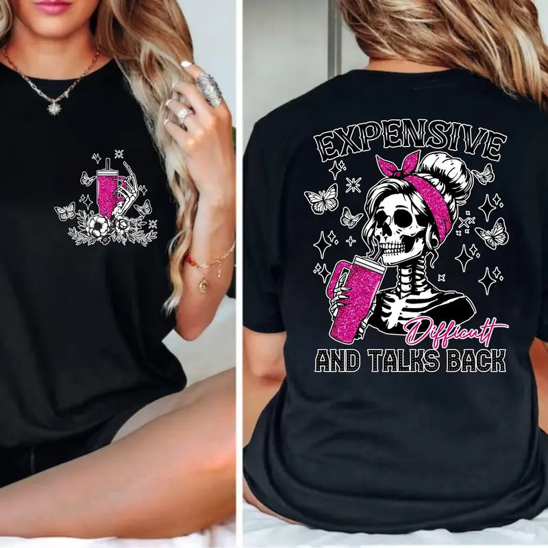 Men's Cotton Short-Sleeve Crew Neck Streetwear Tshirt - All Seasons Casual Top, Expensive Difficult Talk Back Slogan, Skeleton Graphic Grunge Meme Tee, Machine Washable