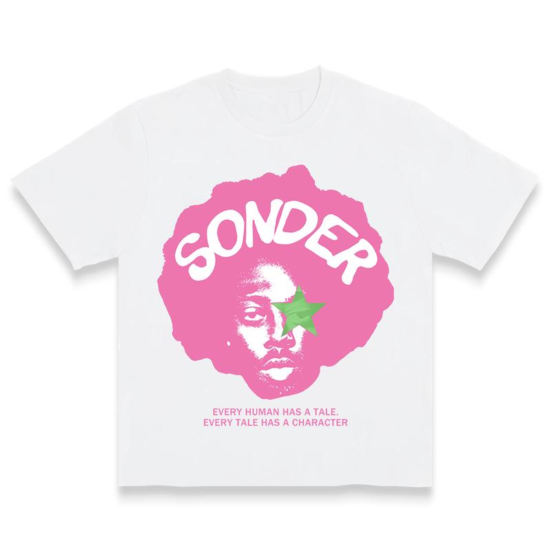 Men's 'Sonder' Fashion Pink Geometric Print 100% Cotton Crew Neck Short-Sleeve T-Shirt, US-Made Customizable All-Seasons Streetwear Casual Top, Machine Washable, No Bleach