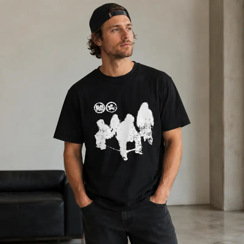 Men's Black Cotton Customizable Crew Neck Short-Sleeve Graphic T-Shirt - Loose Relaxed Fit, Menswear Streetwear Grunge Skater White Shadow Figures, Machine Washable Casual Summer Top