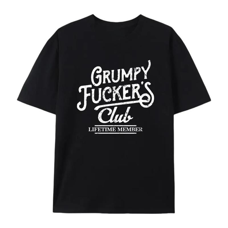 Men's Soft Cotton Oversized Short-Sleeve Crew Neck Custom Retro Graphic T-Shirt Top - Unisex Sizing, All-Seasons Casual Streetwear, Funny Sarcastic Grumpy F*cker's Club Lifetime Member Print, Machine-Washable Gift For Him