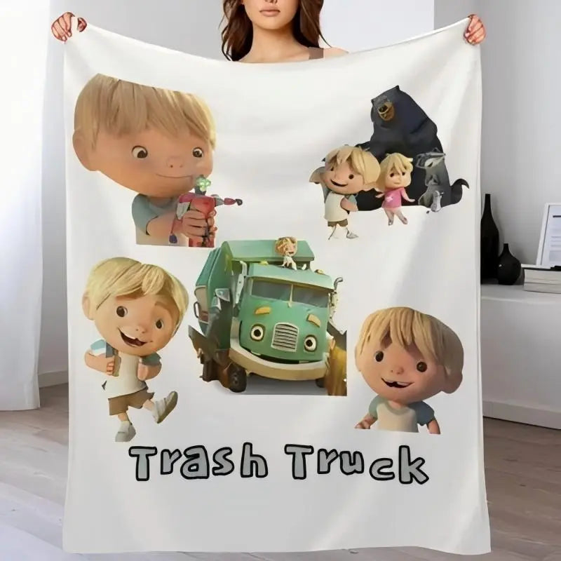 Adorable Animated 'Trash Truck' Flannel Blanket - 1 Piece, Soft Skin-Friendly Polyester, Cozy Aesthetic, Snug as a Bug in a Rug, Indoor Use, Cozy Warmth for Cold Nights, Ideal for Sofas & Beds, All-Season Bedding Gift, One Piece, Flannel Fabric