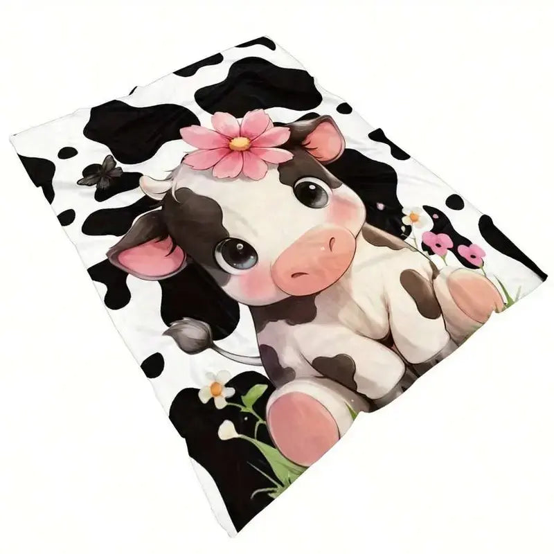 Cute Cartoon and Highland Cow Printed Fleece Blanket - Warm, Lightweight, Breathable, Comfortable, Versatile, All-Season, Machine-Washable Bedding Throw for Home Bedrooms with a Modern Touch,summervibes